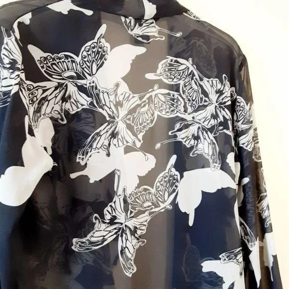 Citron Sz S Silk Butterfly Print Open Short Sheer Duster Dressy Office Cruise - Picture 3 of 7